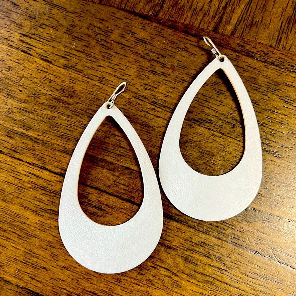 Nickel and Suede leather earrings- large grey teardrop cutouts. Like new!